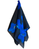 Foulard carré de soie Noir fleurs outremer - Soierie Huo