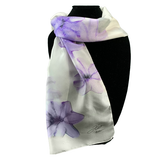 Écharpe en soie blanc fleurs mauves - Soierie Huo