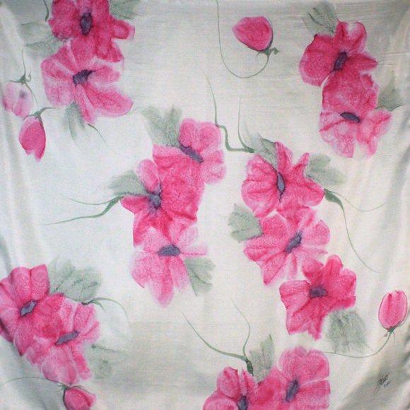 White silk square scarf with pink flowers - Soierie Huo