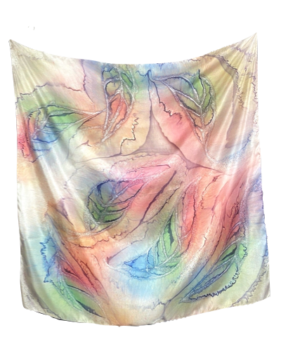 Foulard carré de soie Feuillage pastel au miel - Soierie Huo