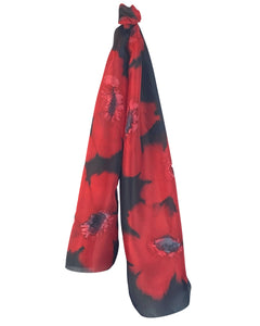 Écharpe en soie Noire fleurs rouges - Soierie Huo