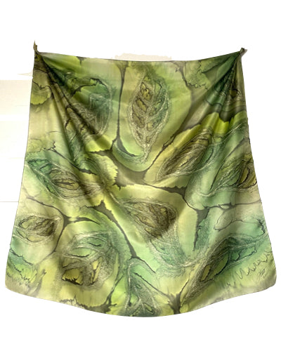 Foulard carré de soie feuilles kaki kiwi - Soierie Huo