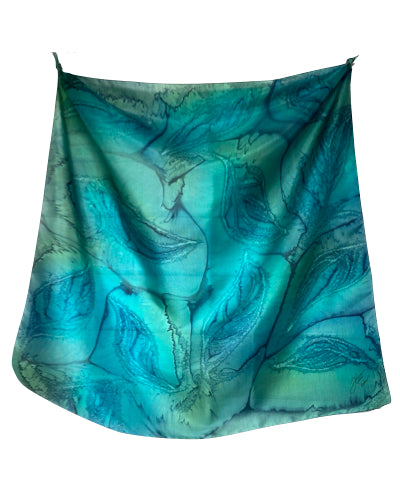 Foulard carré de soie feuilles fond marin - Soierie Huo