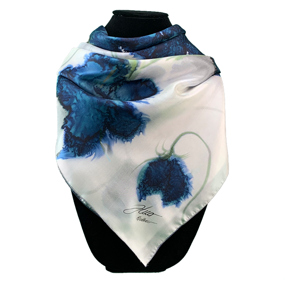 Foulard carré de soie blanc fleurs marines - Soierie Huo