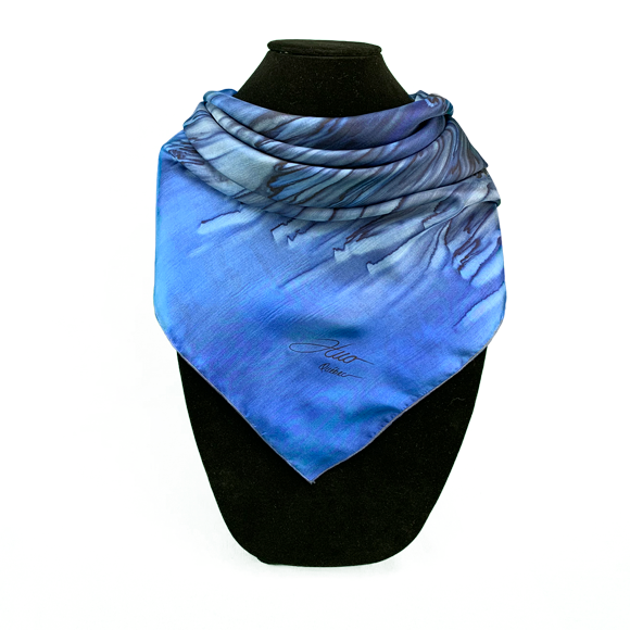 Black and ultramarine cast silk square scarf - Soierie Huo