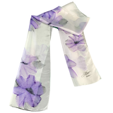 Écharpe en soie blanc fleurs mauves - Soierie Huo