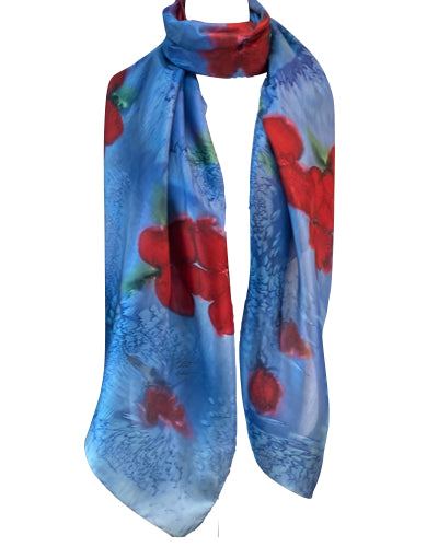 Blue silk sarong with red flowers - Soierie Huo